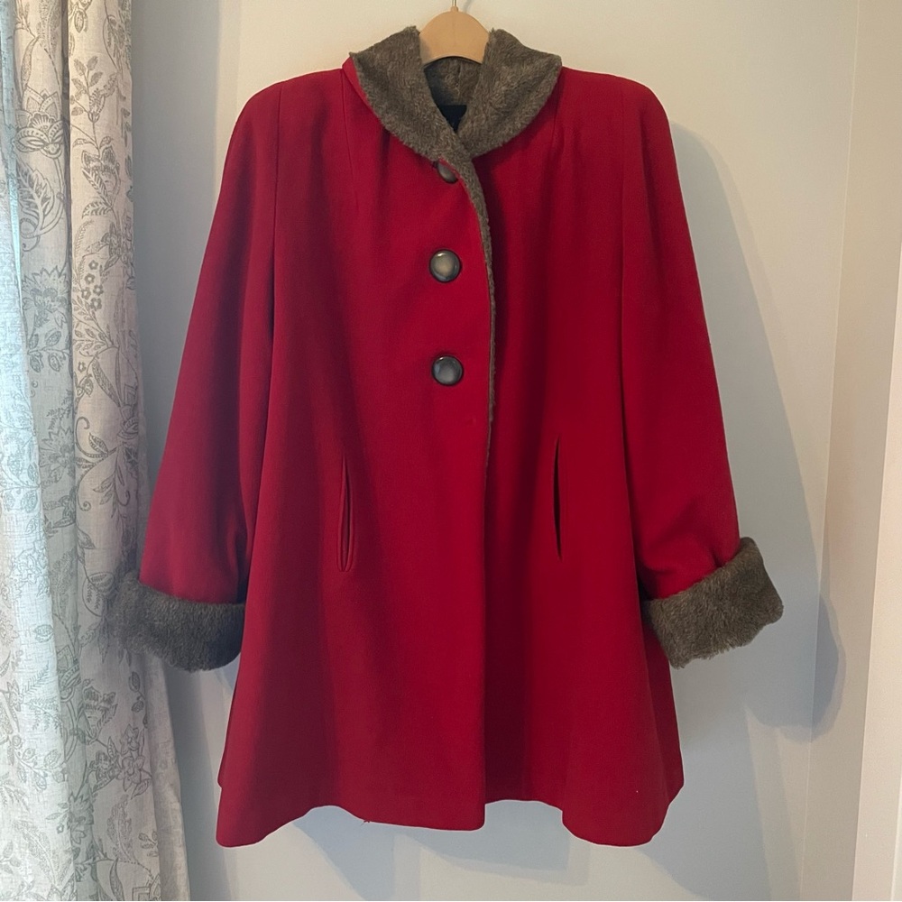 Women's Red Coat with Faux Fur Trim